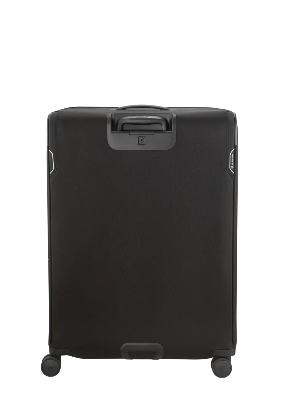Black rolling suitcase with a retractable handle and four wheels.