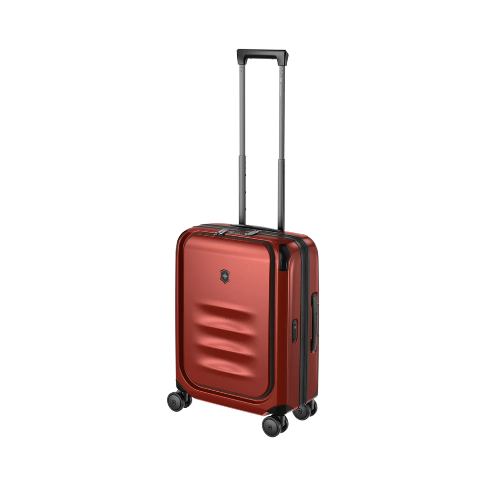 Red hardshell rolling suitcase with an extendable handle and wheels.