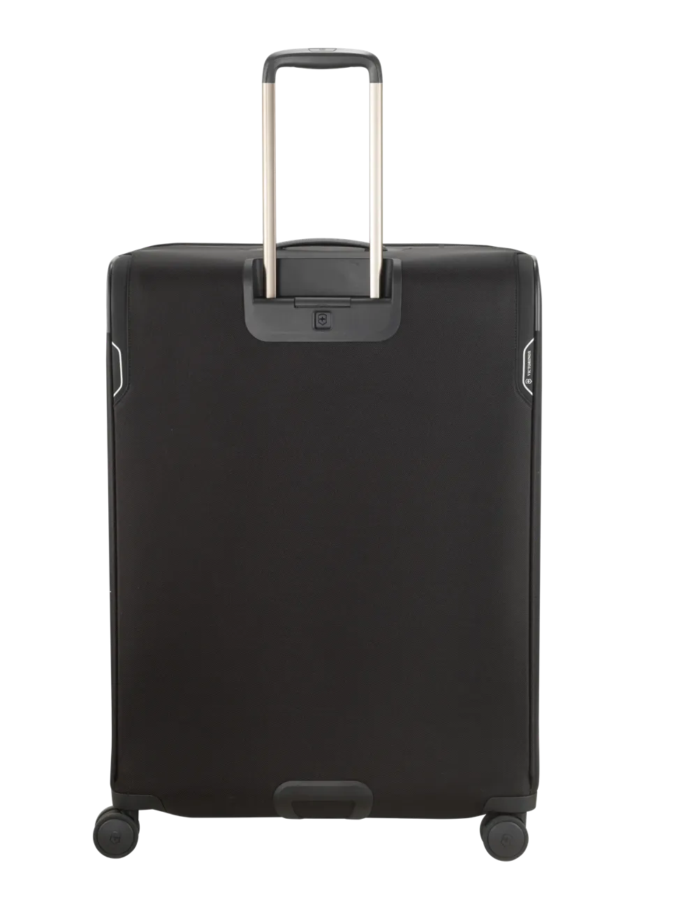 Black rolling suitcase with an extendable handle.