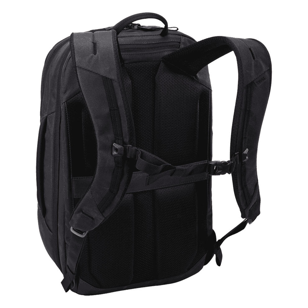 Thule Aion travel backpack 28L black, rear panel and pass-through sleeve
