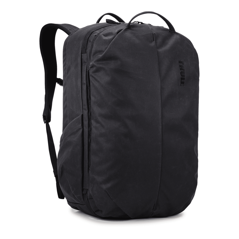 Thule Aion travel backpack 40L black, angled view showing shoulder straps