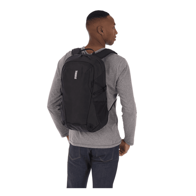 Thule EnRoute backpack 21L in black, main compartment open showing the elevated laptop pocket