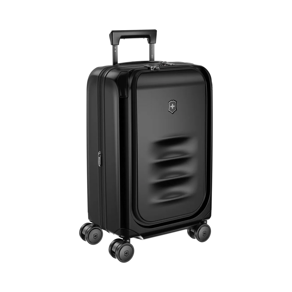 Black hardshell rolling suitcase with a retractable handle and four wheels.