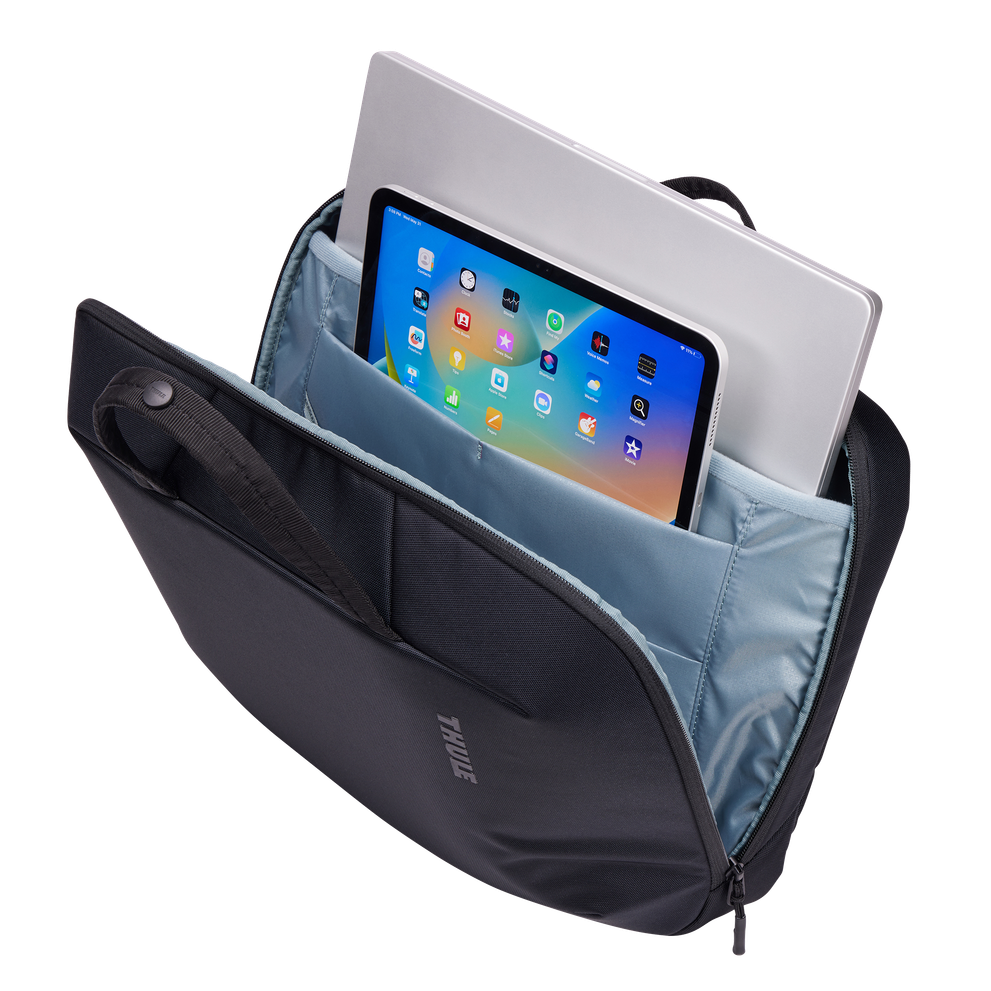 Thule Subterra 2 laptop attaché black, open showing padded laptop and tablet sleeves