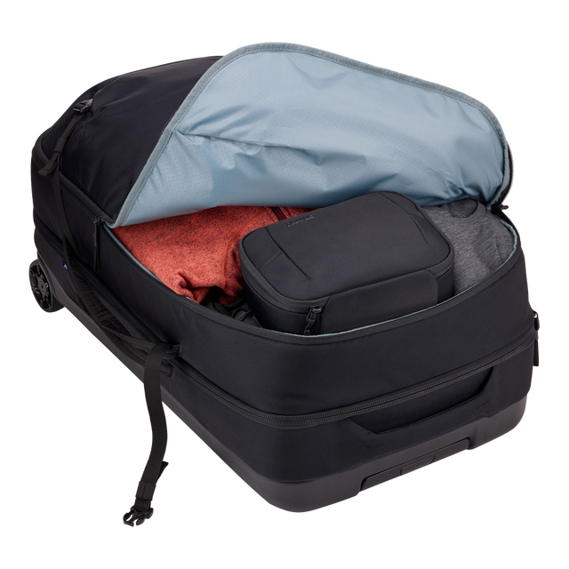 Thule Subterra 2 wheeled duffel black, opened to show the fold-flat divider