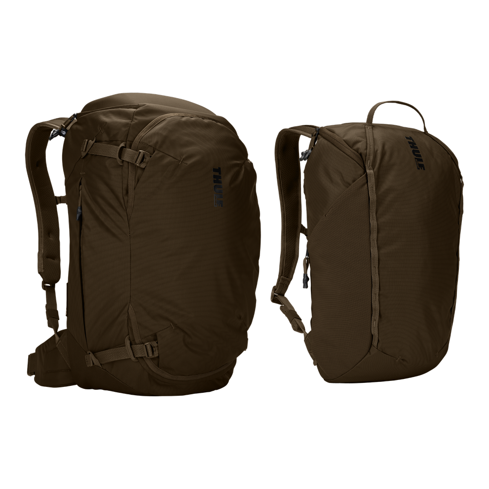 Thule Landmark 60L travel pack in deep khaki, with the removable 20L daypack detached