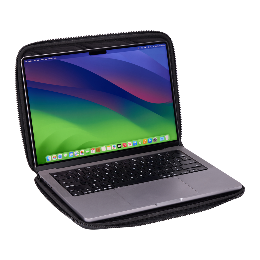 Thule Gauntlet MacBook Pro sleeve 14in in black, clamshell opened flat with a laptop inside