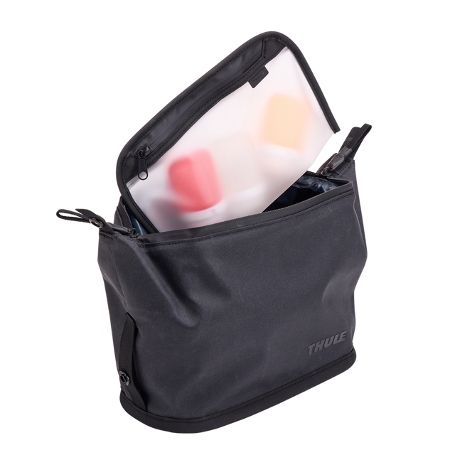 Thule Aion toiletry bag black with the removable 3-1-1 liquids pouch alongside