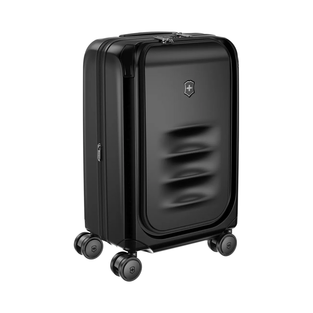 Black hardshell rolling suitcase with four wheels and a logo emblem.