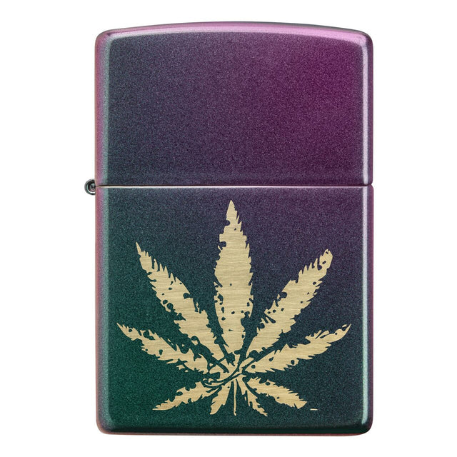 Zippo-style lighter with a marijuana leaf design on a purple-green gradient background.