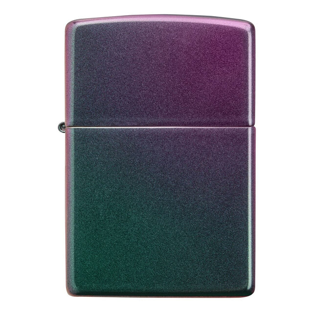Zippo-style lighter with a gradient purple and green metallic finish.