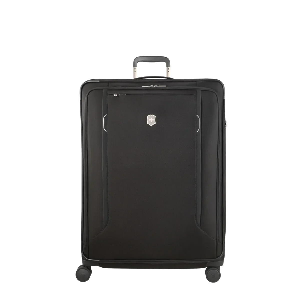 Black rolling suitcase with a retractable handle and spinner wheels.