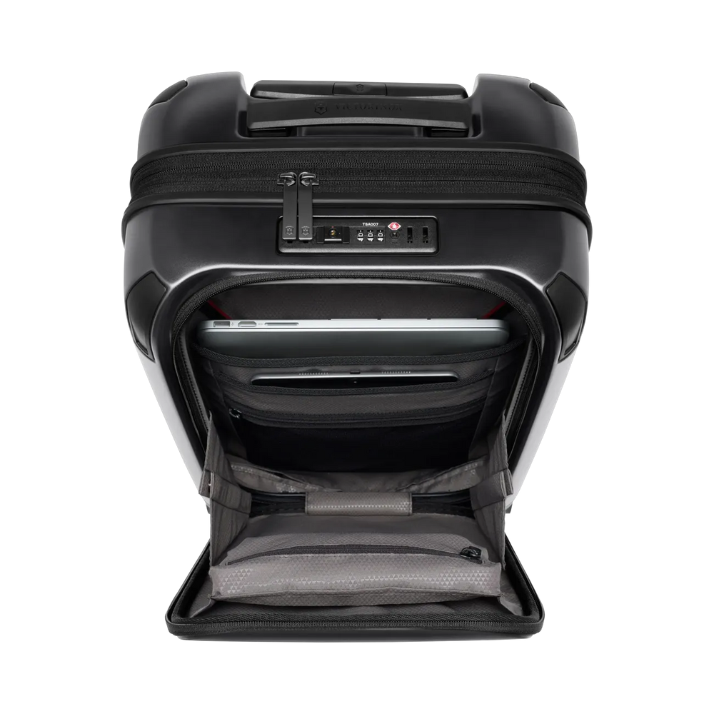 Black hardshell rolling suitcase with a front pocket compartment.