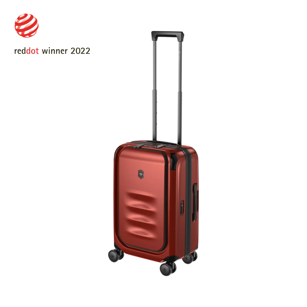 Red hardshell carry-on suitcase with a telescoping handle and wheels.