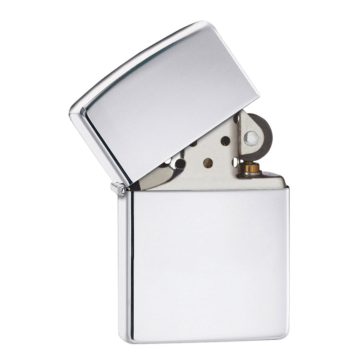 Metal flip-top cigarette lighter with a shiny silver finish.