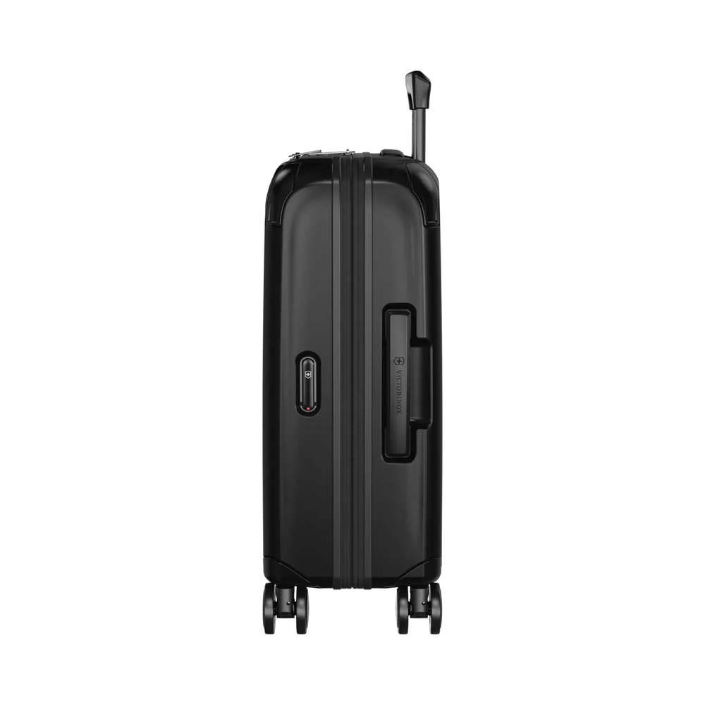 Black hardshell rolling suitcase with a retractable handle and wheels.