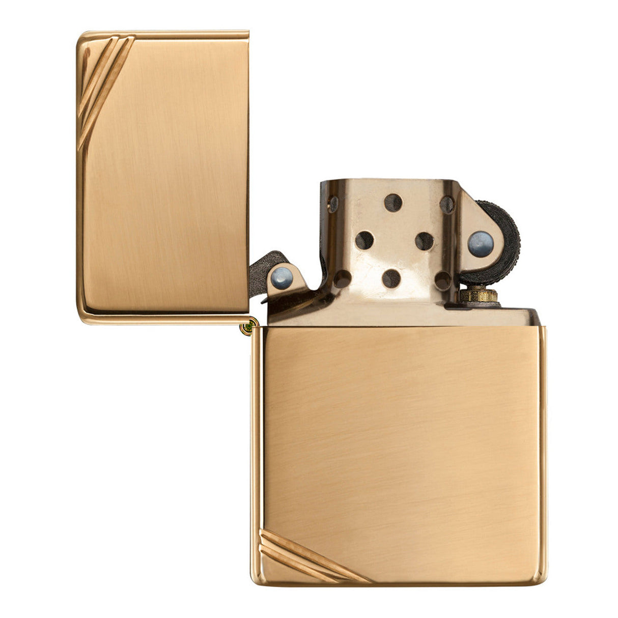 Gold-colored metal flip lighter with a brushed finish and diagonal corner accents.
