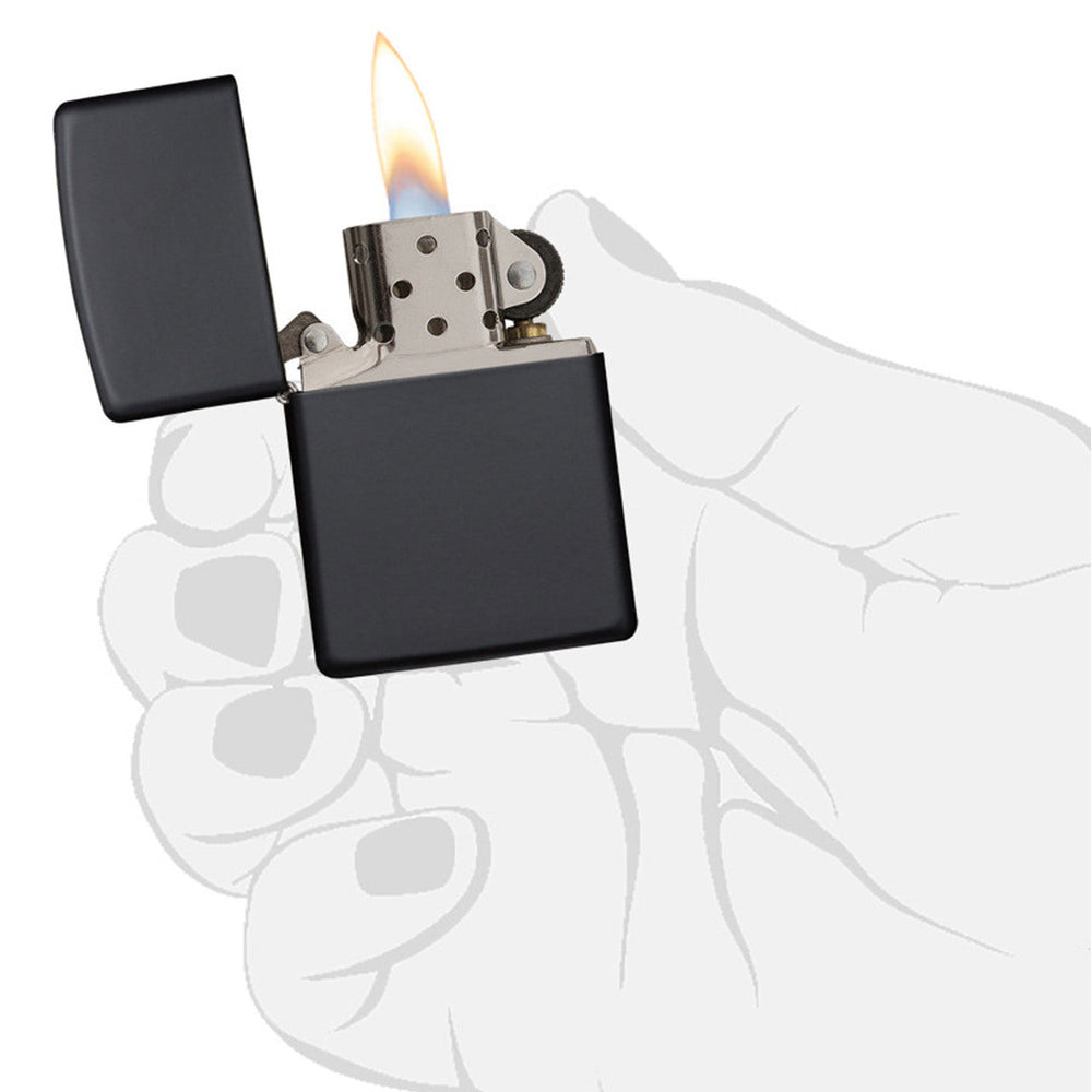 Lit black metal lighter with an open flame.