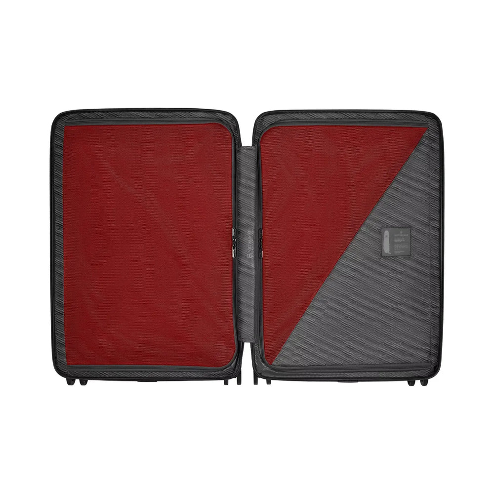 Open hardshell suitcase with red interior lining and gray exterior.