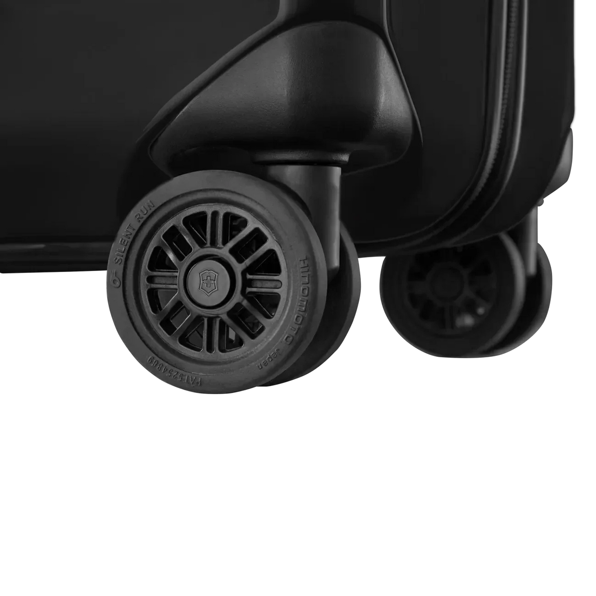 Wheels of a rolling suitcase or luggage.