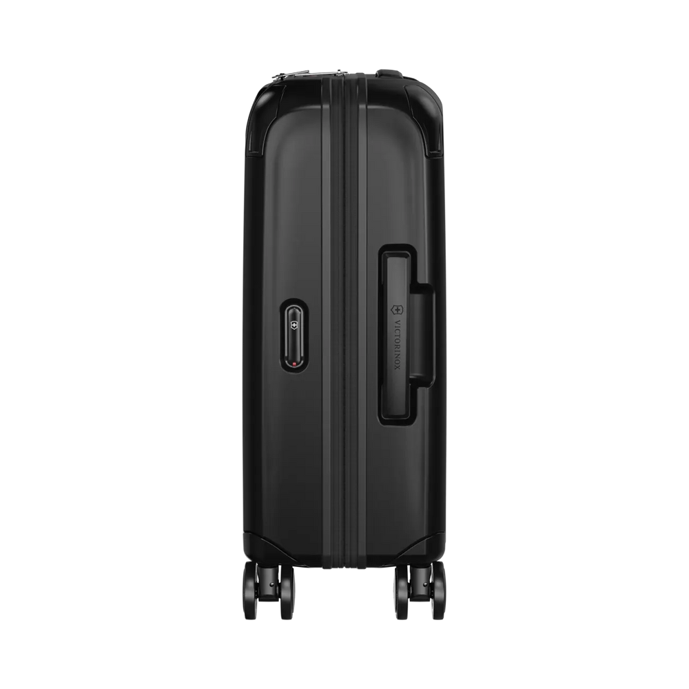 Black hardshell rolling suitcase with wheels and a retractable handle.