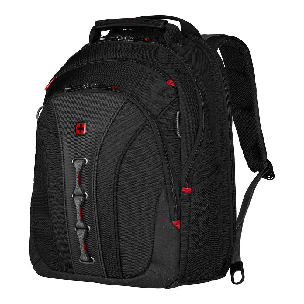 Black backpack with red accents and multiple compartments.