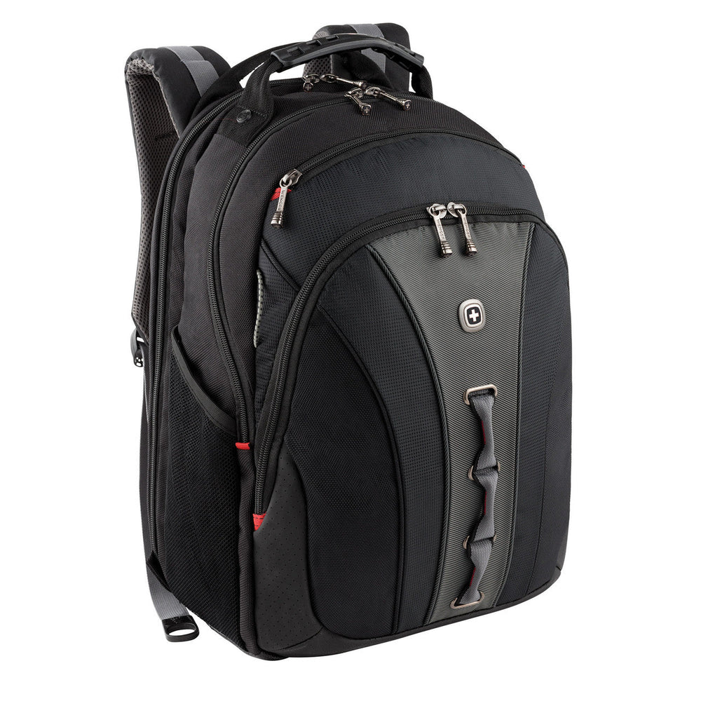 Black laptop backpack with multiple compartments and a padded design.