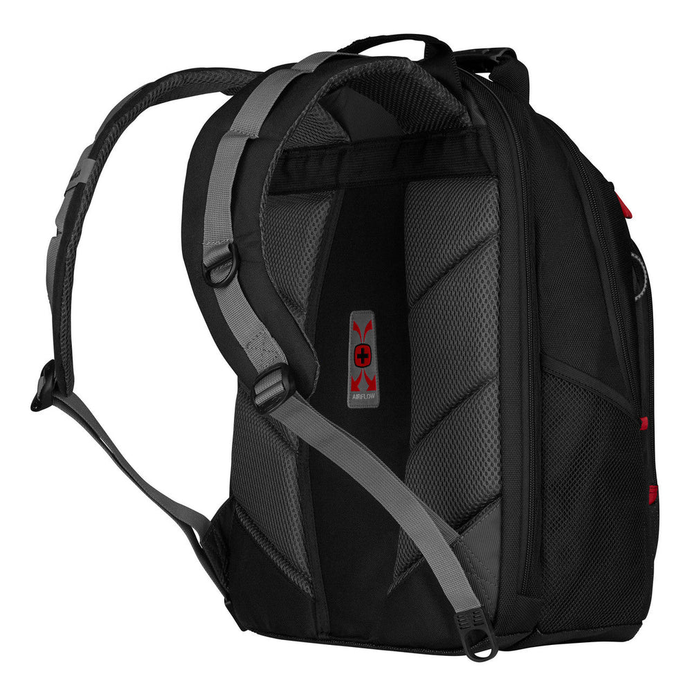 Black backpack with padded straps and red accents.