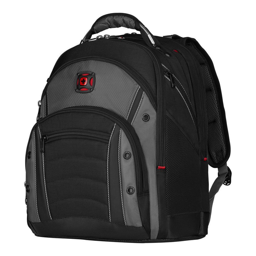 Black and gray backpack with multiple compartments and a red logo.