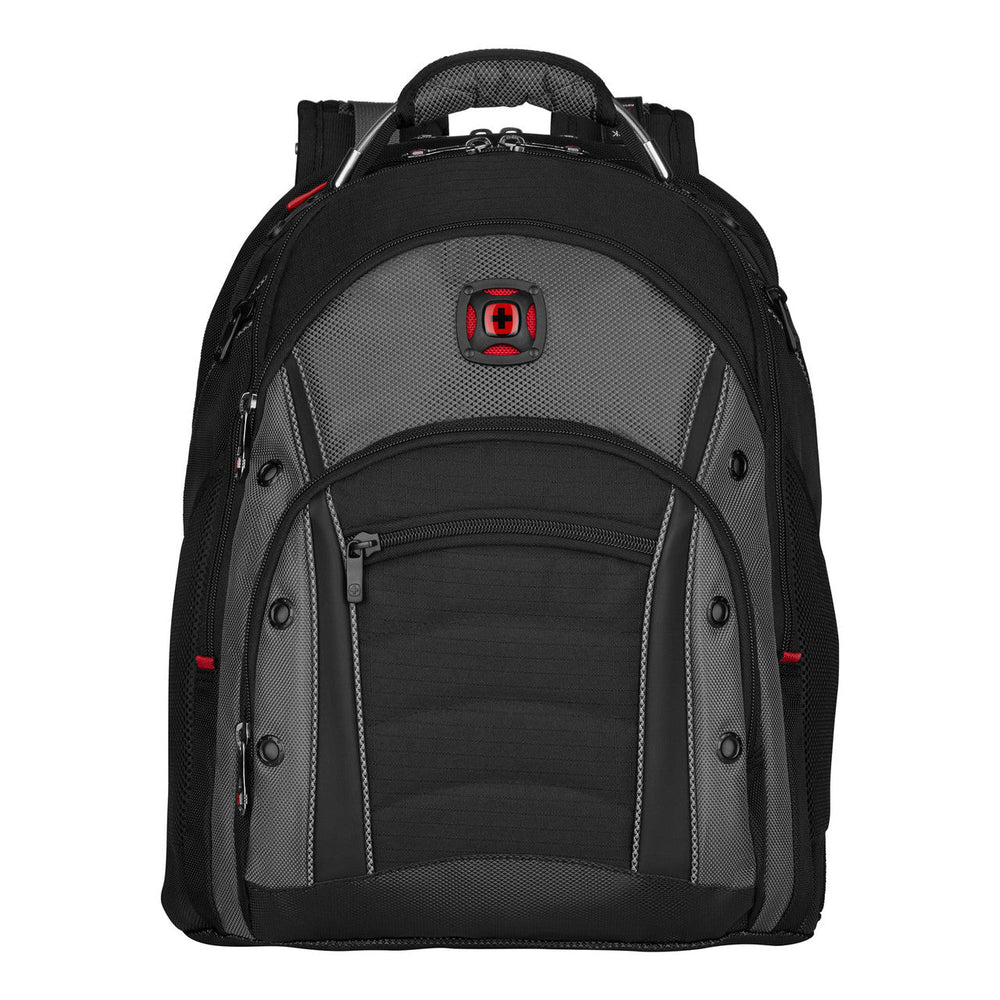 Black and gray backpack with multiple compartments and a red logo.