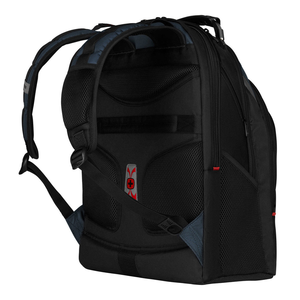 Black backpack with multiple compartments and padded straps.