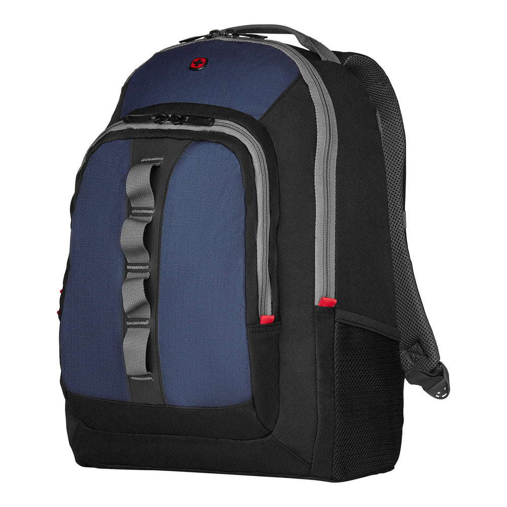 Blue and black backpack with multiple compartments and padded straps.