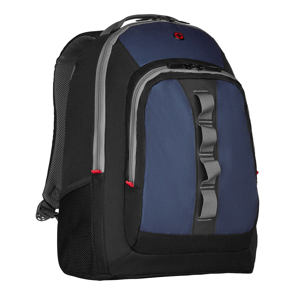 Navy blue and black backpack with multiple compartments and a front buckle strap.