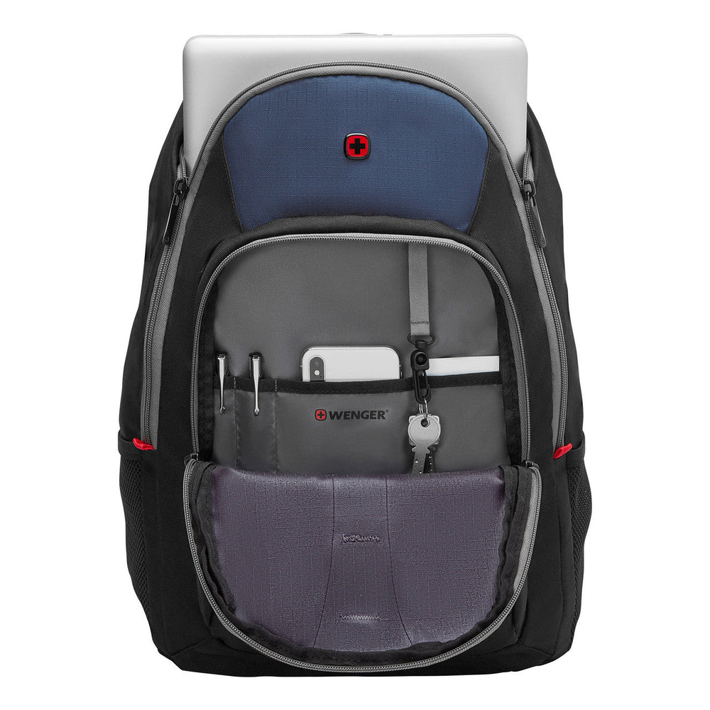 Backpack with multiple compartments and pockets for organizing electronics and other items.
