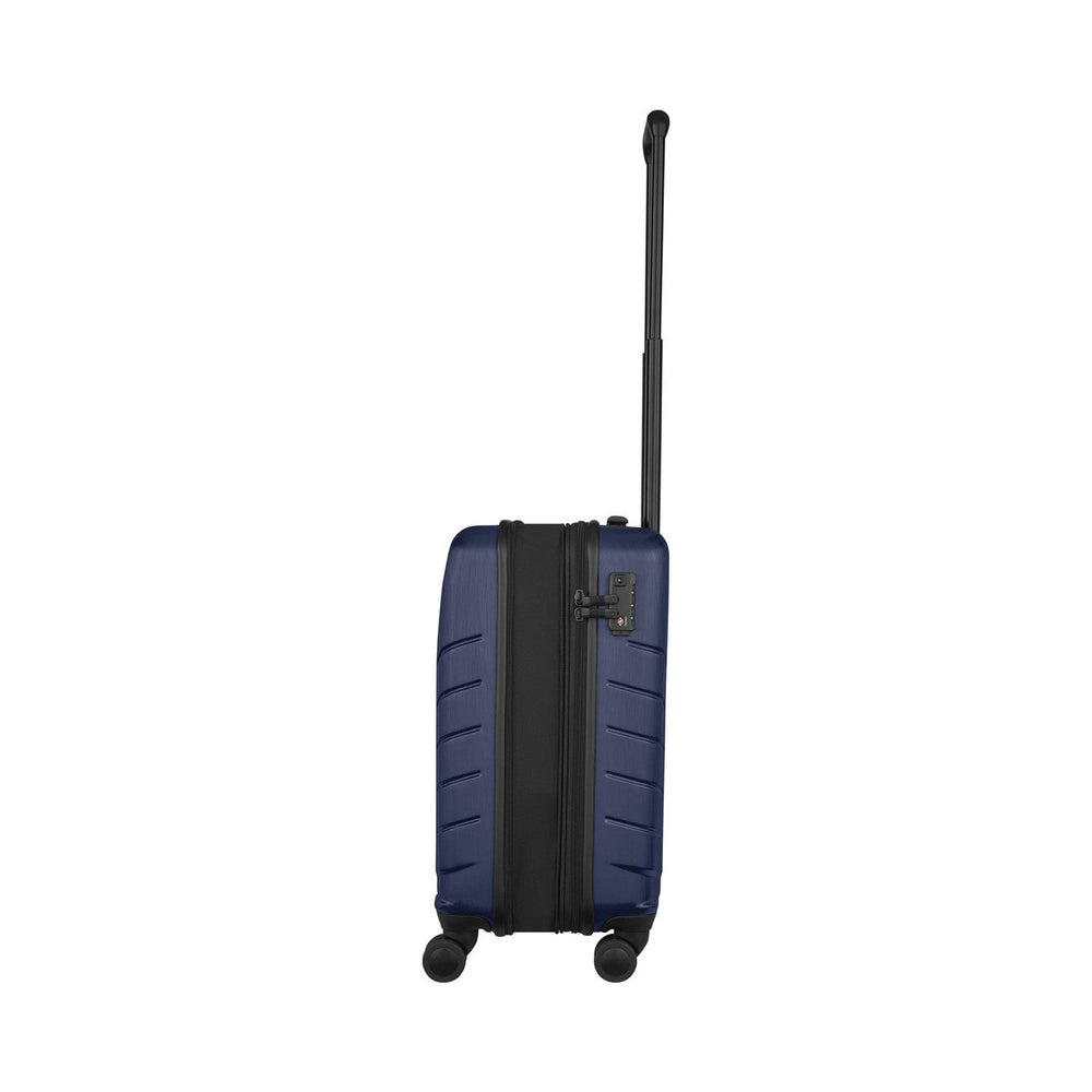 Navy blue hardshell rolling suitcase with an extendable handle.