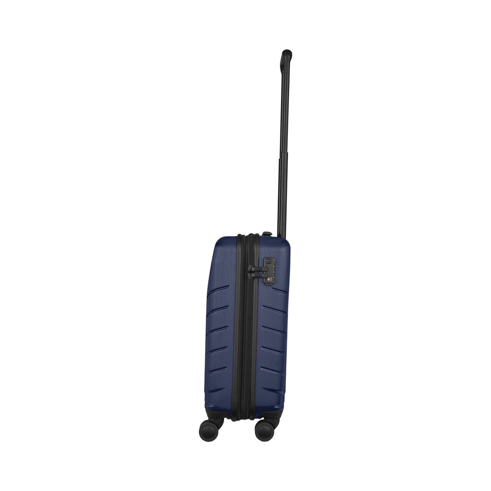 Navy blue hardshell rolling suitcase with an extendable handle and wheels.