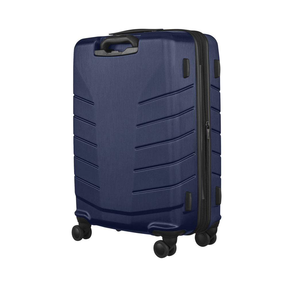 Navy blue hardshell rolling suitcase with horizontal ridges and a retractable handle.