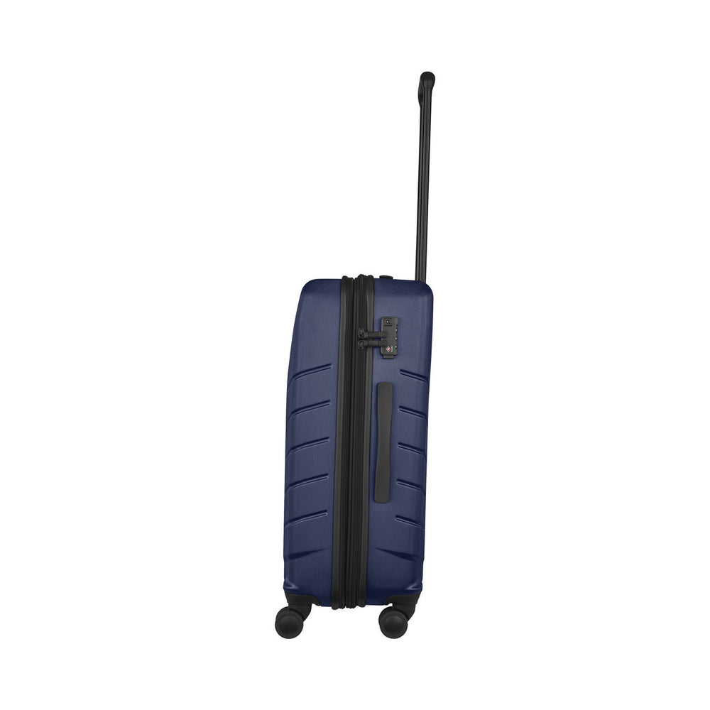Navy blue hardshell rolling suitcase with an extendable handle.