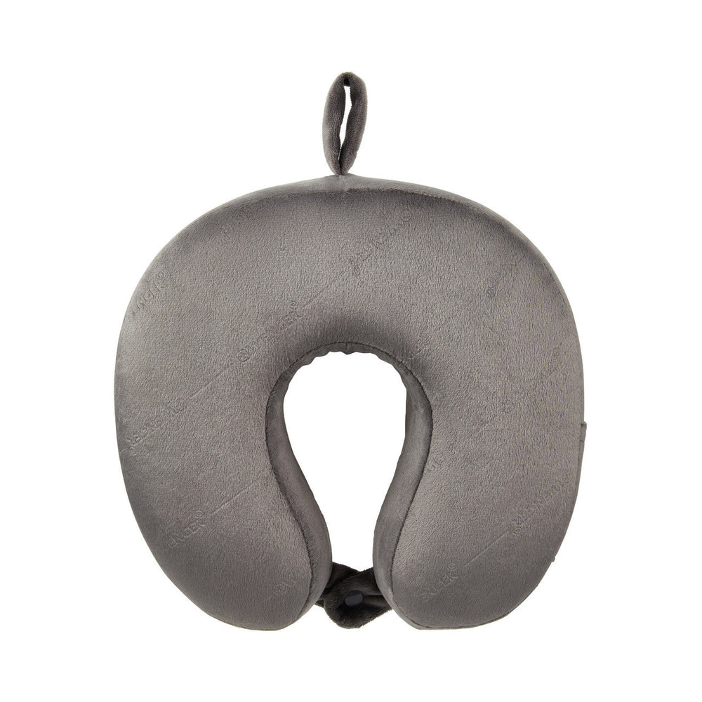Gray U-shaped travel neck pillow with a loop for hanging.