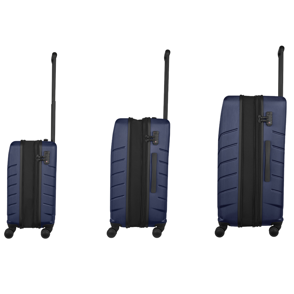 Set of three navy blue hardshell rolling suitcases with extendable handles.