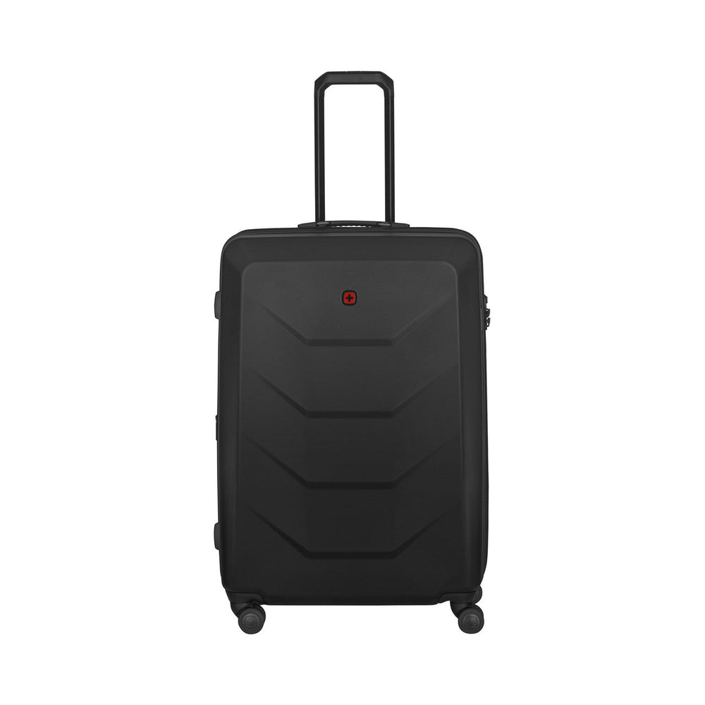 Black hardshell rolling suitcase with extendable handle.