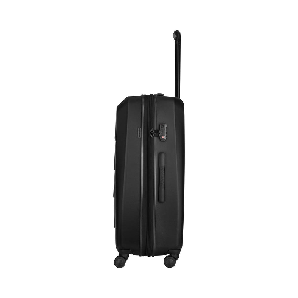 Black hardshell rolling suitcase with extendable handle and wheels.