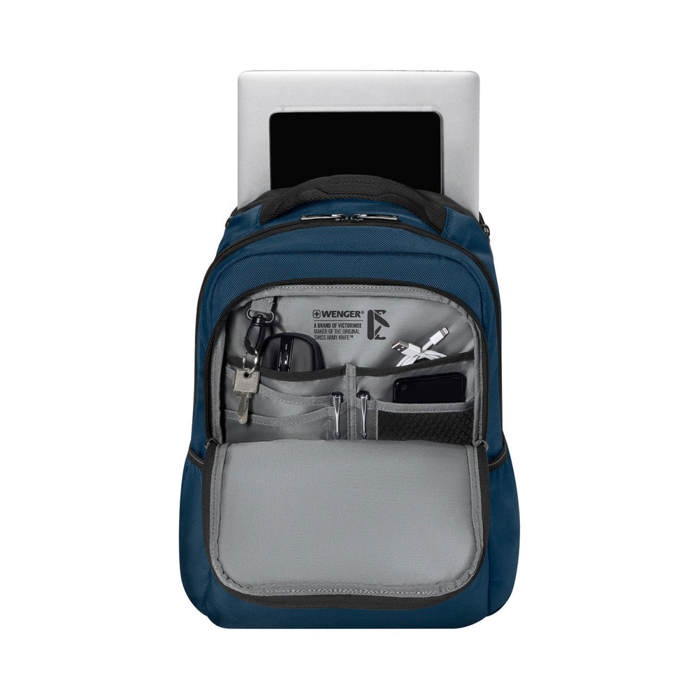 Blue backpack with an open compartment showing various pockets and organizational features.