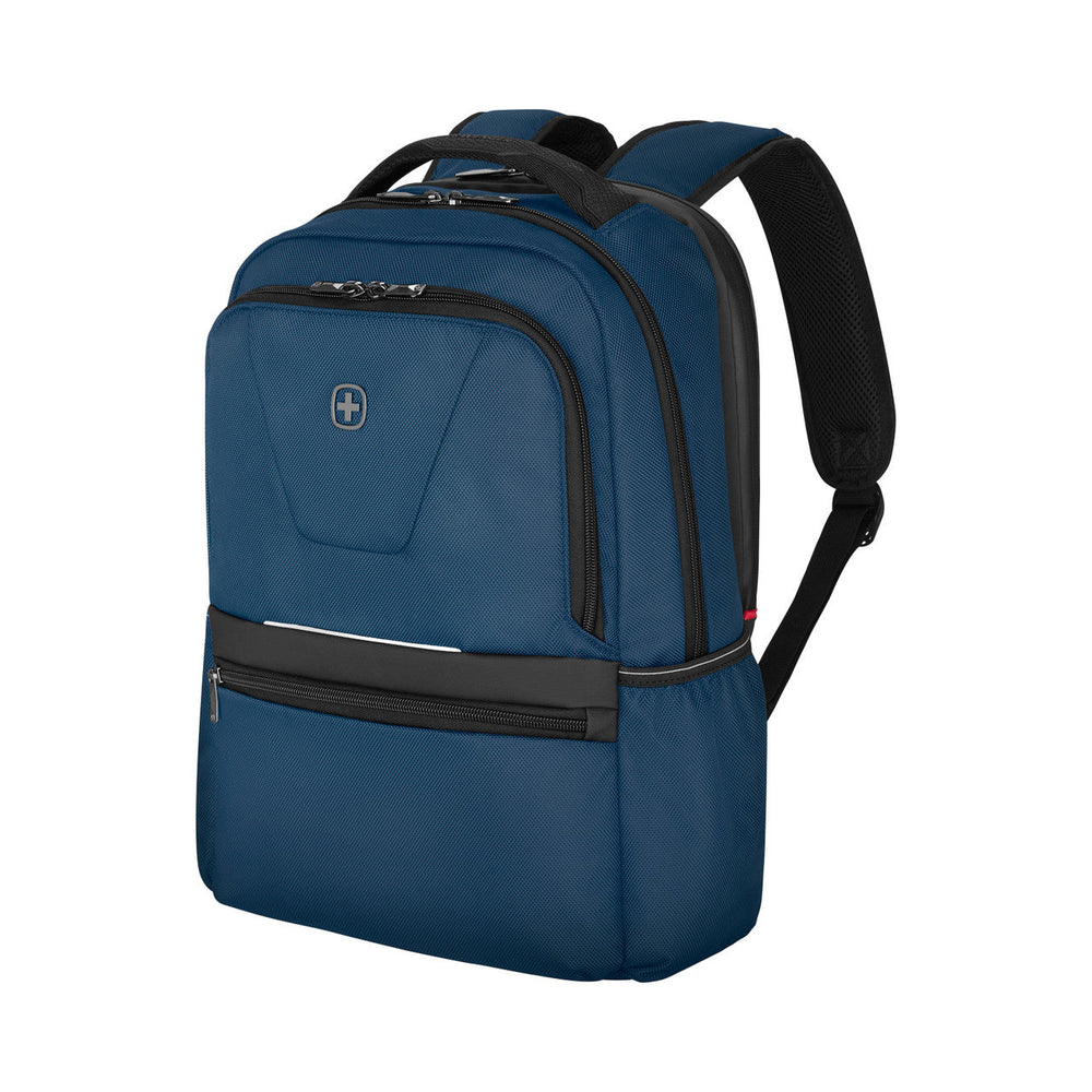 Blue backpack with multiple compartments and padded straps.
