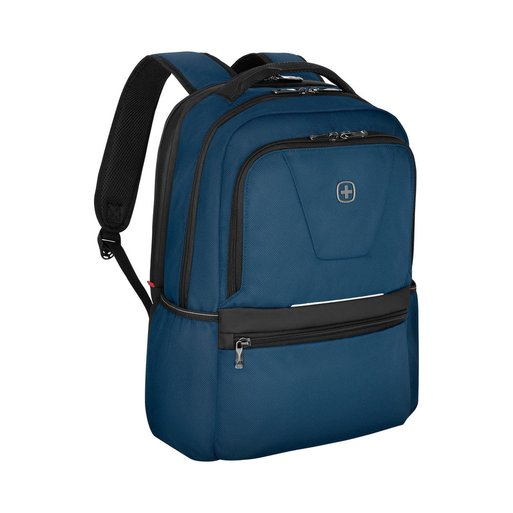 Blue backpack with multiple compartments and padded straps.