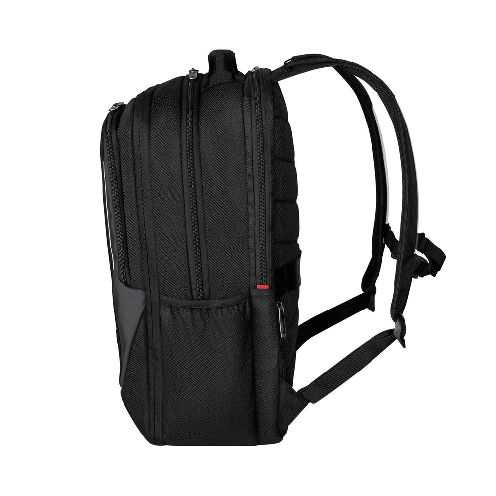 Black backpack with multiple compartments and padded shoulder straps.