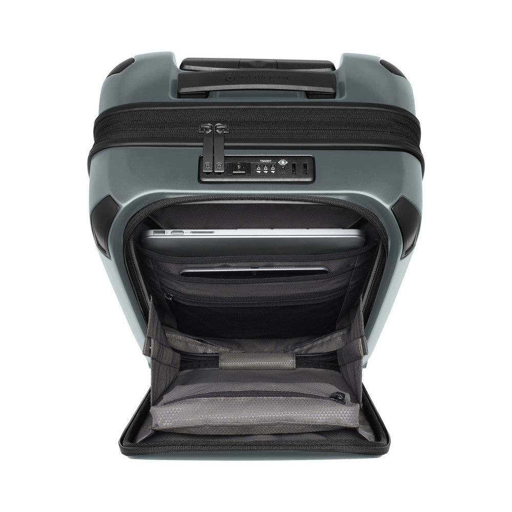 Hard-shell rolling suitcase with an open front compartment.