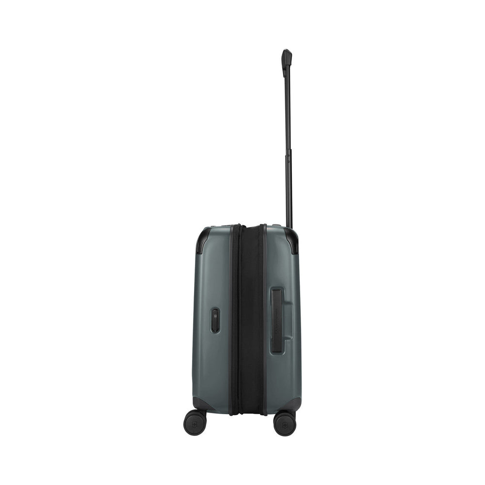 Dark gray hardshell suitcase with wheels and an extendable handle.