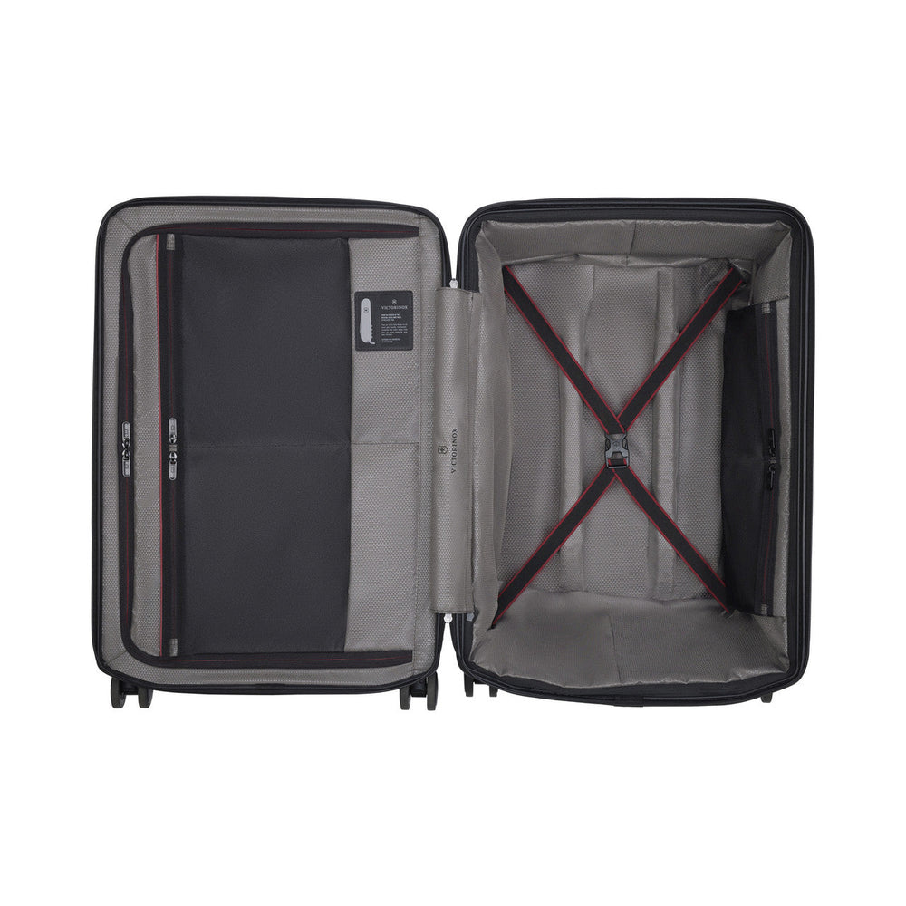 Open suitcase showing its interior compartments and organizational features.