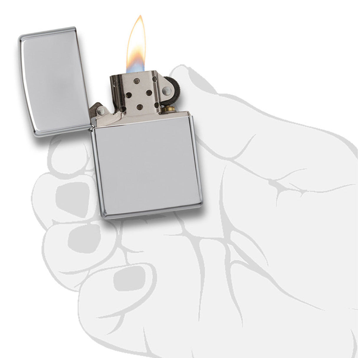 Lit silver metal lighter held in a hand.